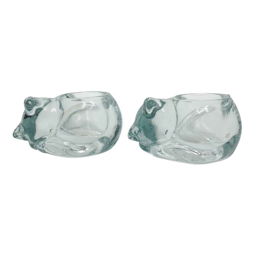Indiana Glass Vintage Pair of Sleeping Cat Kitten Votive Crystal Candle Holder
